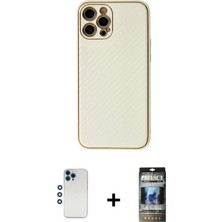 Cepte Toptan iPhone 12 Pro Ahenk Işık - Siyah 34D Hayalet Izgaralı Cam + Mavi Shine Kamera Lens