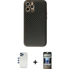 Cepte Toptan iPhone 12 Pro Ahenk Işık - Siyah 34D Hayalet Izgaralı Cam + Mavi Shine Kamera Lens