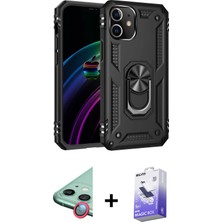 Cepte Toptan iPhone 12 Ahenk Klasik Koleksiyonu - Siyah Bilvis 5in1 5d Magic Hayalet Cam Ekran Koruyucu + Kırmızı Raze Metal Kamera Lens