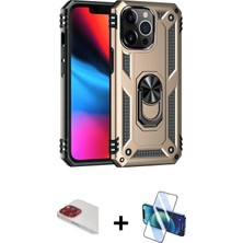 iPhone 13 Pro Max Ahenk Klasik Koleksiyonu - Siyah 3D Antistatik Cam Ekran Koruyucu + Kırmızı Pers Alüminyum Kamera Lens