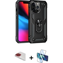 Cepte Toptan iPhone 13 Pro Max Ahenk Klasik Koleksiyonu - Siyah 3D Antistatik Cam Ekran Koruyucu + Kırmızı Pers Alüminyum Kamera Lens