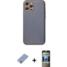 iPhone 12 Pro Ahenk Işık - Siyah 34D Hayalet Izgaralı Cam + Koyu Yeşil Metal Kamera Lens Koruma Cam