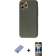 Cepte Toptan iPhone 12 Pro Ahenk Işık - Siyah 34D Hayalet Izgaralı Cam + Koyu Yeşil Metal Kamera Lens Koruma Cam