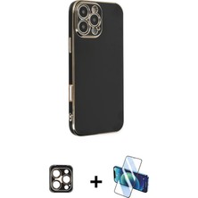 iPhone 16 Pro Max Yankı Serisi - Siyah 3D Antistatik Cam Ekran Koruyucu + Gold Pvd Metal Kamera Lens