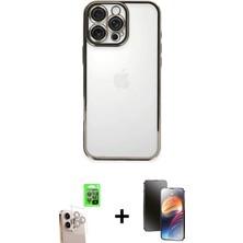 Cepte Toptan iPhone 16 Pro Max Vadi Minimal - Siyah 3D Antistatik Mat Seramik Nano Ekran Koruyucu + Natural Grey Raze Metal Kamera Lens