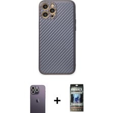 Cepte Toptan iPhone 12 Pro Ahenk Işık - Siyah 34D Hayalet Izgaralı Cam + Beyaz Neon Fosforlu Kamera Lens