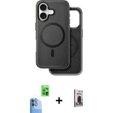 iPhone 16 Pusula Işık Koleksiyonu - Siyah Bilvis Hayalet Cam Ekran Koruyucu + Lacivert Raze Metal Kamera Lens