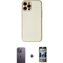 Cepte Toptan iPhone 12 Pro Ahenk Işık - Siyah 34D Hayalet Izgaralı Cam + Beyaz Neon Fosforlu Kamera Lens