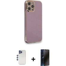 Cepte Toptan iPhone 12 Pro Max Yankı Serisi - Siyah 3D Antistatik Hayalet Cam Ekran Koruyucu + Lacivert Shine Kamera Lens
