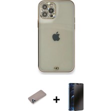 Cepte Toptan iPhone 12 Pro Eksen Minimal Koleksiyonu - Siyah 3D Antistatik Hayalet Cam Ekran Koruyucu + Sierra Blue Shine Kamera Lens Koruma Cam
