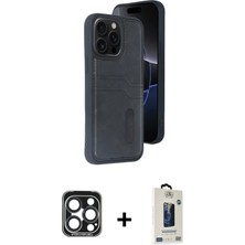 Cepte Toptan iPhone 15 Pro Max Yörünge Işık Serisi - Siyah Bilvis Hayalet Cam Ekran Koruyucu + Lacivert Pvd Metal Kamera Lens