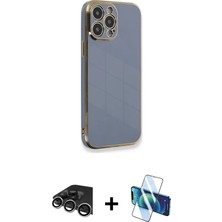 Cepte Toptan iPhone 13 Pro Max Yankı Serisi - Siyah 3D Antistatik Cam Ekran Koruyucu + Gümüş Raze Metal Kamera Lens