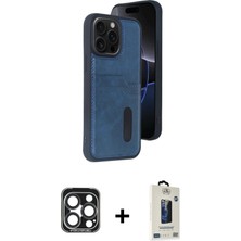 iPhone 15 Pro Max Yörünge Işık Serisi - Siyah Bilvis Hayalet Cam Ekran Koruyucu + Lacivert Pvd Metal Kamera Lens