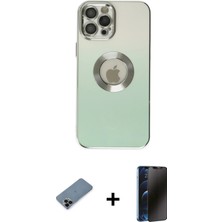 Cepte Toptan iPhone 12 Pro Max Kutup Yansıma Özel Seri - Siyah 3D Antistatik Hayalet Cam Ekran Koruyucu + Siyah Shine Kamera Lens Koruma Cam