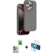 Cepte Toptan iPhone 16 Pro Max Kıvılcım Çizgi Serisi - Siyah 3D Antistatik Seramik Nano Ekran Koruyucu + Natural Grey Raze Metal Kamera Lens
