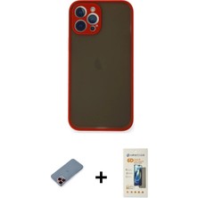 Cepte Toptan iPhone 12 Pro Max Ahenk Çizgi Serisi - Siyah 6d Mat Seramik Hayalet Nano Ekran Koruyucu + Kırmızı Metal Kamera Lens Koruma Cam