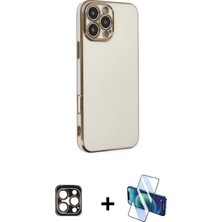 Cepte Toptan iPhone 16 Pro Max Yankı Serisi - Siyah 3D Antistatik Cam Ekran Koruyucu + Gold Pvd Metal Kamera Lens
