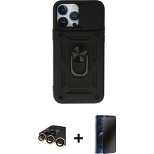 Cepte Toptan iPhone 13 Pro Max Ahenk Klasik - Siyah 3D Antistatik Hayalet Cam Ekran Koruyucu + Gold Raze Metal Kamera Lens