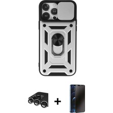 Cepte Toptan iPhone 13 Pro Max Ahenk Klasik - Siyah 3D Antistatik Hayalet Cam Ekran Koruyucu + Gümüş Raze Metal Kamera Lens