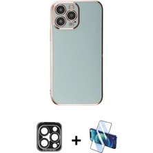Cepte Toptan iPhone 15 Pro Max Yankı Serisi - Siyah 3D Antistatik Cam Ekran Koruyucu + Lacivert Pvd Metal Kamera Lens