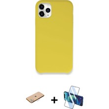 Cepte Toptan iPhone 11 Pro Max Zirve Modern Özel Seri - Siyah 3D Antistatik Cam Ekran Koruyucu + Pembe Renkli Kamera Lens Koruma Cam