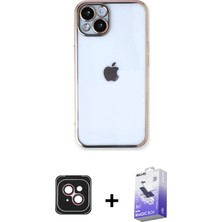 iPhone 14 Vadi Minimal - Siyah Bilvis 5in1 5d Magic Hayalet Cam Ekran Koruyucu + Pembe Pvd Metal Kamera Lens