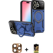 Cepte Toptan iPhone 16 Pro Max Kıvılcım Modern Serisi - Siyah Buffer Cam Ekran Koruyucu + Çöl Titanyum Pers Alüminyum Kamera Lens