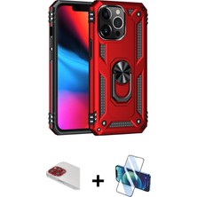 Cepte Toptan iPhone 13 Pro Max Ahenk Klasik Koleksiyonu - Siyah 3D Antistatik Cam Ekran Koruyucu + Kırmızı Pers Alüminyum Kamera Lens