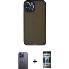Cepte Toptan iPhone 12 Pro Ahenk Çizgi Serisi - Siyah 34D Hayalet Izgaralı Cam + Mavi Neon Fosforlu Kamera Lens