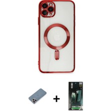 iPhone 11 Pro Max Nova Işık Özel Seri - Şeffaf 360 Full Body Arka Koruyucu + Mor Metal Kamera Lens Koruma Cam