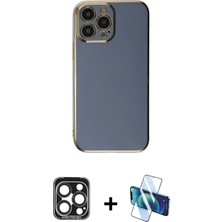 Cepte Toptan iPhone 15 Pro Max Yankı Serisi - Siyah 3D Antistatik Cam Ekran Koruyucu + Lacivert Pvd Metal Kamera Lens