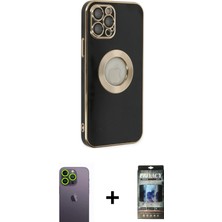iPhone 12 Pro Iz Form Serisi - Siyah 34D Hayalet Izgaralı Cam + Yeşil Neon Fosforlu Kamera Lens