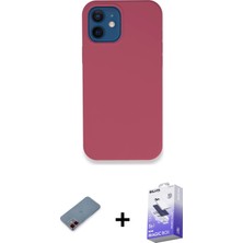 iPhone 12 Zirve Modern Özel Seri - Siyah Bilvis 5in1 5d Magic Hayalet Cam Ekran Koruyucu + Kırmızı Metal Kamera Lens Koruma Cam