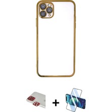 Cepte Toptan iPhone 11 Pro Max Vadi Minimal - Siyah 3D Antistatik Cam Ekran Koruyucu + Kırmızı Pers Alüminyum Kamera Lens