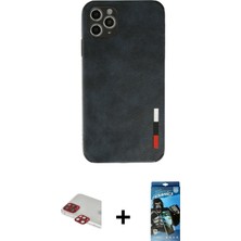 Cepte Toptan iPhone 11 Pro Max Doruk Asil Koleksiyonu - Siyah 34D Izgaralı Cam + Kırmızı Pers Alüminyum Kamera Lens