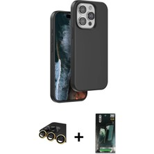 Cepte Toptan iPhone 14 Pro Max Kıvılcım Çizgi Serisi - Siyah 360 Mat Full Body Arka Koruyucu + Gold Raze Metal Kamera Lens