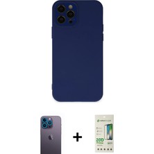 Cepte Toptan iPhone 12 Pro Max Çekirdek Modern Serisi - Siyah 20D Premium Cam Ekran Koruyucu + Mavi Neon Fosforlu Kamera Lens