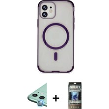 iPhone 11 Eksen Klasik Koleksiyonu - Siyah 34D Hayalet Izgaralı Cam + Mavi Raze Metal Kamera Lens