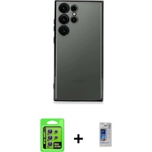 Cepte Toptan Galaxy S24 Ultra Vadi Minimal - Siyah Durable Full Glue Curved Hayalet Cam + Gümüş Raze Metal Kamera Lens