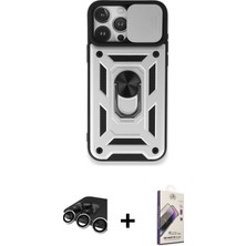 Cepte Toptan iPhone 15 Pro Max Ahenk Klasik - Siyah Bilvis 3D Mat Cam Ekran Koruyucu + Gümüş Raze Metal Kamera Lens