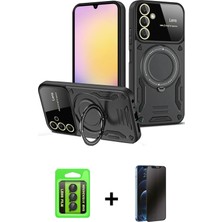 Cepte Toptan Galaxy A15 4g Kıvılcım Modern Serisi - Siyah 3D Antistatik Hayalet Cam Ekran Koruyucu + Siyah Raze Metal Kamera Lens