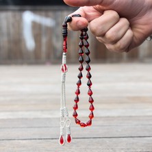 Ateş Kehribar Tesbih Otağı Damla Kesim Kırmızı Siyah Metal Malzeme ile 11 x 7 mm Tane Ölçüsü