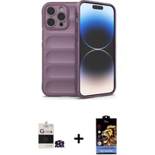 iPhone 14 Pro Max Atlas Koleksiyonu - Siyah Buffer Hayalet Cam Ekran Koruyucu + Derin Mor Bilvis Titan Kamera Lens