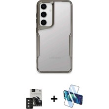 Cepte Toptan Galaxy S24 Akış Çizgi Koleksiyonu - Siyah 3D Antistatik Cam Ekran Koruyucu + Derin Mor Pvd Metal Kamera Lens