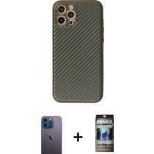 Cepte Toptan iPhone 12 Pro Ahenk Işık - Siyah 34D Hayalet Izgaralı Cam + Mavi Neon Fosforlu Kamera Lens