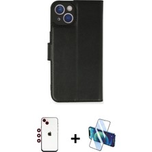 Cepte Toptan iPhone 14 Siluet Işık Serisi - Siyah 3D Antistatik Cam Ekran Koruyucu + Kırmızı Shine Kamera Lens