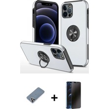 Cepte Toptan iPhone 12 Pro Odak Form Prime - Siyah 3D Antistatik Hayalet Cam Ekran Koruyucu + Gümüş Metal Kamera Lens Koruma Cam