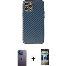 iPhone 12 Pro Ahenk Işık - Siyah 34D Hayalet Izgaralı Cam + Mavi Neon Fosforlu Kamera Lens