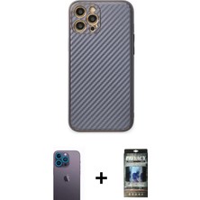 Cepte Toptan iPhone 12 Pro Ahenk Işık - Siyah 34D Hayalet Izgaralı Cam + Mavi Neon Fosforlu Kamera Lens