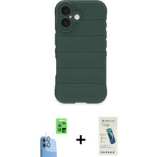 Cepte Toptan iPhone 16 Plus Atlas Koleksiyonu - Şeffaf Pasifik Cam Ekran Koruyucu + Lacivert Raze Metal Kamera Lens